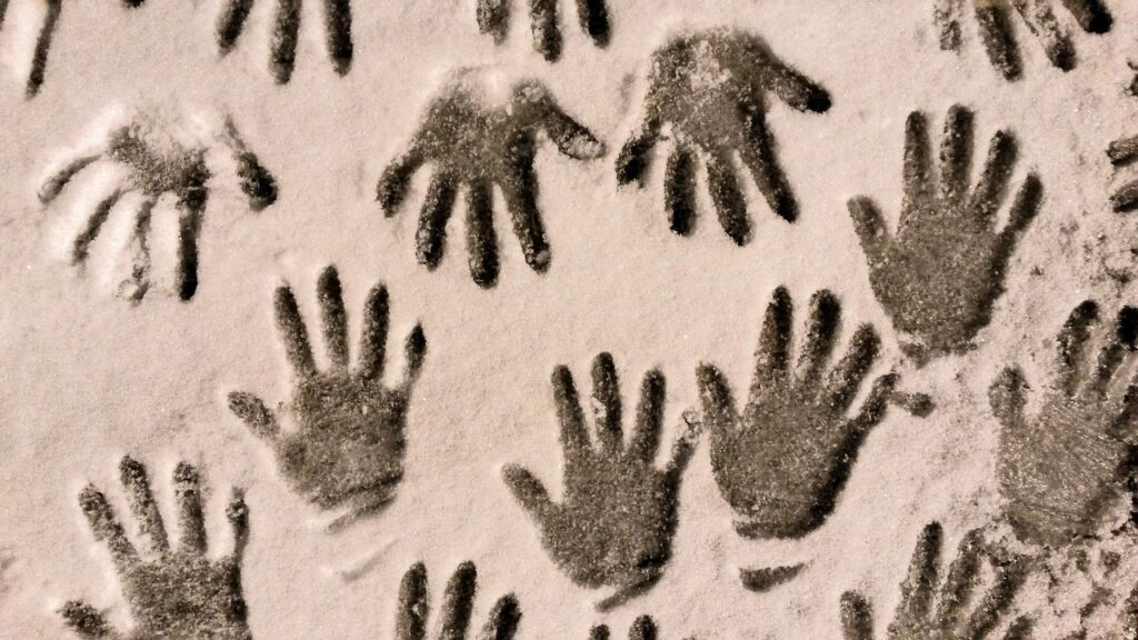 snow, hands, winter, nature, children, season, imprint, shape, fingers, fun, brown snow, brown fun